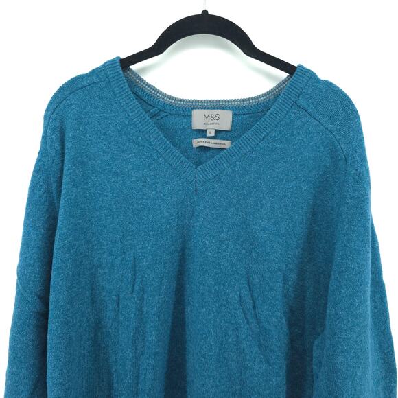 M&S Collection Mens Blue Teal 100% Extra Fine Lambswool Cozy Sweater V-Neck| L - Picture 2 of 10